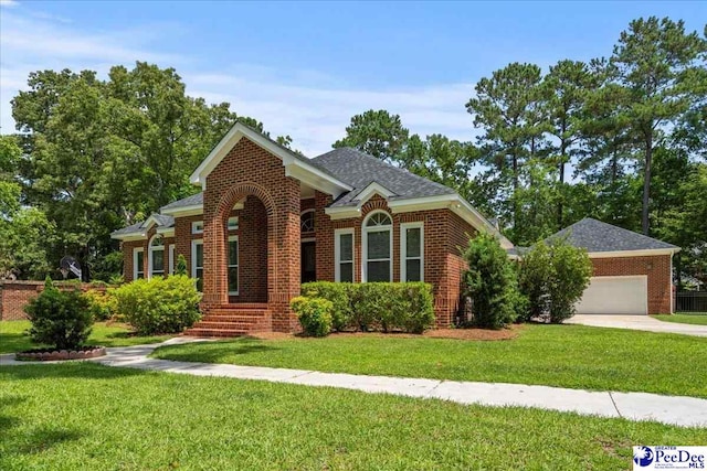 3401 Sussex Ct, Florence, SC 29501 - view of front of property with brick siding, a front lawn, driveway, an attached garage, and roof with shingles