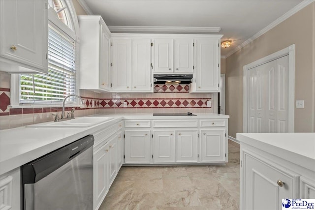 3401 Sussex Ct, Florence, SC 29501 - kitchen with stainless steel dishwasher, white cabinets, light countertops, under cabinet range hood, and backsplash