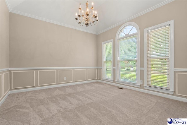 3401 Sussex Ct, Florence, SC 29501 - empty room featuring a chandelier, ornamental molding, carpet, a decorative wall, and wainscoting