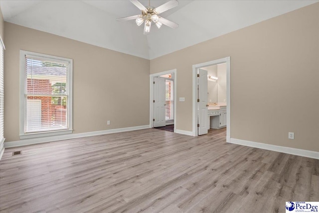 3401 Sussex Ct, Florence, SC 29501 - unfurnished bedroom with light wood-style floors, ensuite bath, high vaulted ceiling, and ceiling fan