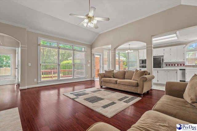 3401 Sussex Ct, Florence, SC 29501 - living area with healthy amount of natural light, crown molding, ceiling fan, a chandelier, and vaulted ceiling