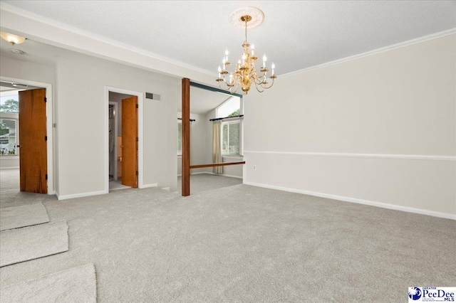 1040 Left Bank Dr, Florence, SC 29501 - empty room with carpet, a chandelier, baseboards, and crown molding