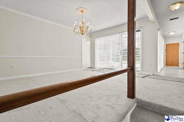 1040 Left Bank Dr, Florence, SC 29501 - corridor with carpet, a chandelier, baseboards, ornamental molding, and a textured ceiling