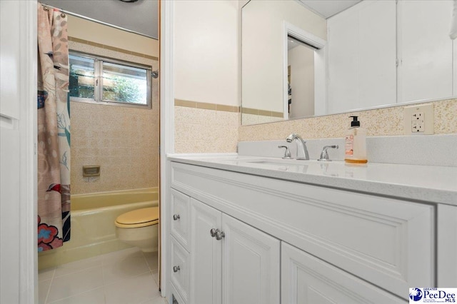 1040 Left Bank Dr, Florence, SC 29501 - bathroom with vanity, toilet, tile patterned floors, and shower / bath combination with curtain