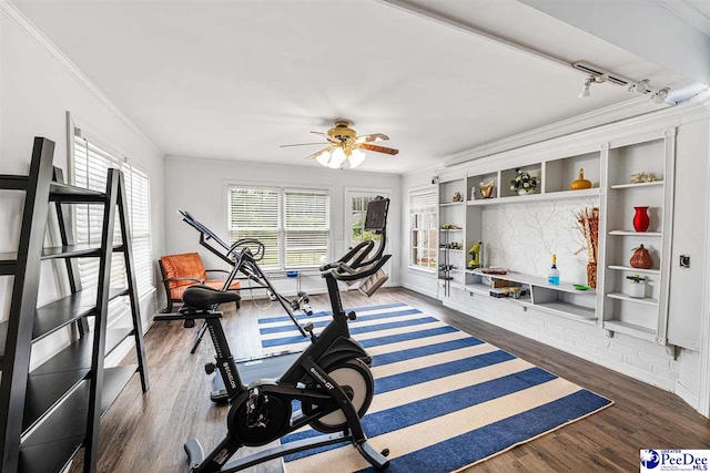 4128 W Pelican Ln, Florence, SC 29501 - exercise area featuring ornamental molding, a ceiling fan, wood finished floors, and baseboards