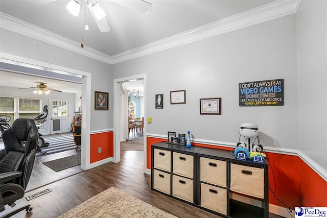 4128 W Pelican Ln, Florence, SC 29501 - office featuring a ceiling fan, crown molding, wood finished floors, baseboards, and a chandelier