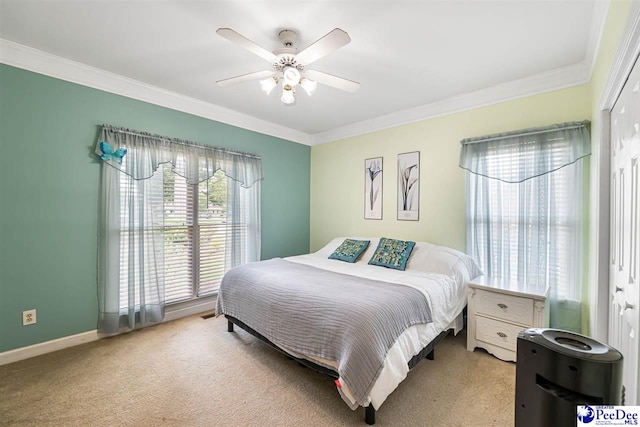 4128 W Pelican Ln, Florence, SC 29501 - bedroom featuring crown molding, light carpet, a ceiling fan, and baseboards
