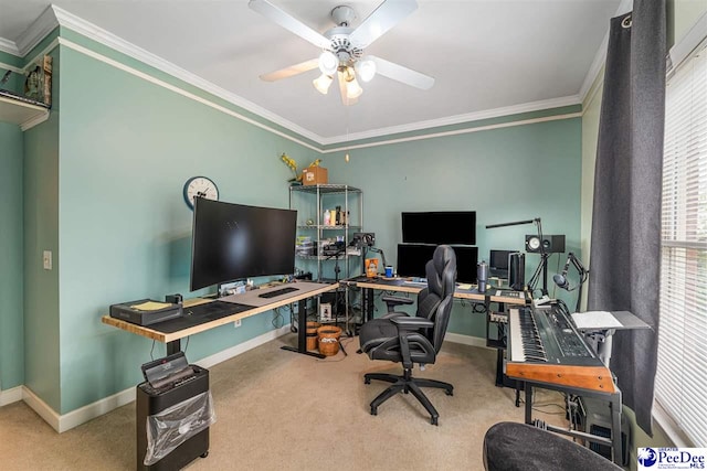 4128 W Pelican Ln, Florence, SC 29501 - carpeted office space with baseboards, ornamental molding, and ceiling fan