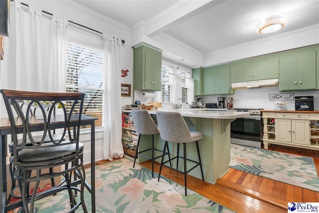 kitchen featuring green cabinetry, a breakfast bar area, kitchen peninsula, plenty of natural light, and stainless steel range oven