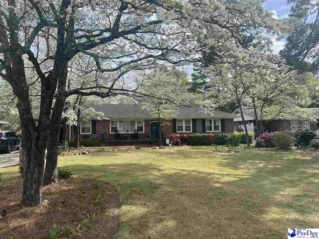 single story home with brick siding and a front lawn