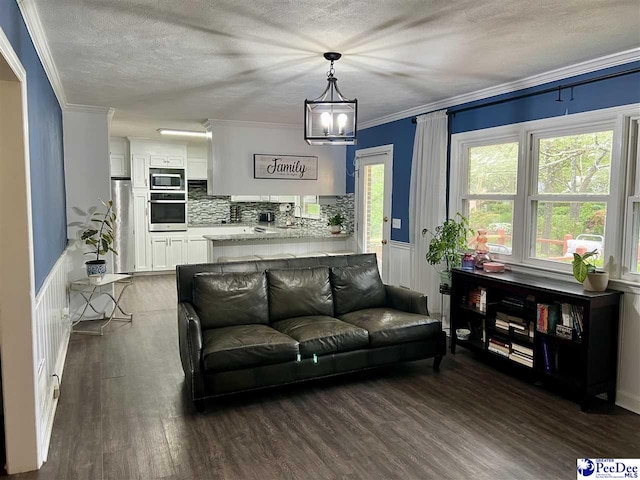 living area featuring a notable chandelier, dark wood-style flooring, ornamental molding, a textured ceiling, and wainscoting