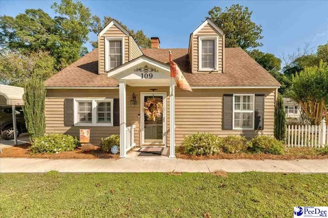 new england style home with a carport and a front lawn