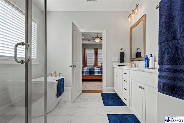 full bathroom featuring vanity, baseboards, ceiling fan, marble finish floor, and connected bathroom