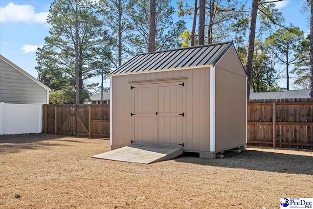 view of shed featuring a fenced backyard