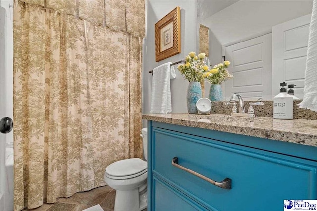 full bathroom with toilet, vanity, and a shower with shower curtain