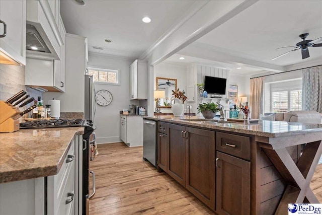 kitchen with plenty of natural light, appliances with stainless steel finishes, open floor plan, and a ceiling fan