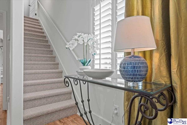 staircase with wood finished floors