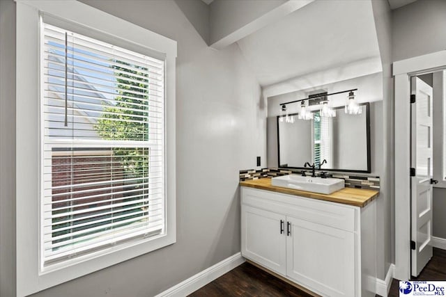 bathroom featuring vanity, wood-type flooring, and plenty of natural light