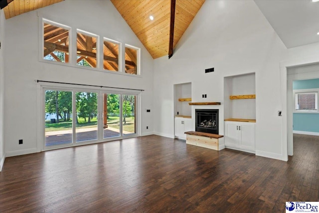 unfurnished living room with lofted ceiling, wood ceiling, dark wood-type flooring, and built in features