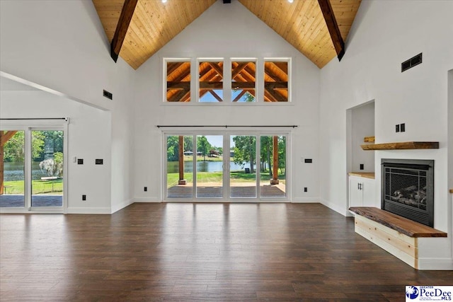 unfurnished living room featuring a water view, vaulted ceiling with beams, wood ceiling, and dark hardwood / wood-style flooring