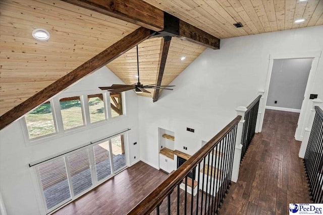 hallway featuring dark hardwood / wood-style floors, wood ceiling, beam ceiling, and high vaulted ceiling