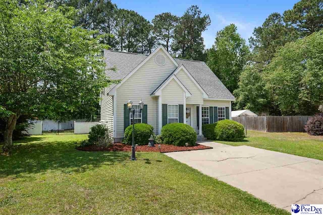 view of front of house with a front lawn, roof with shingles, and fence