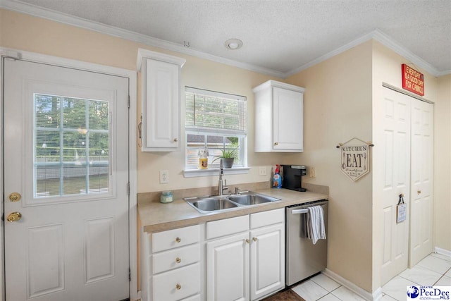 kitchen with a sink, white cabinetry, stainless steel dishwasher, a textured ceiling, and light countertops