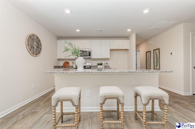 597 Strawberry Field Way, Galivants Ferry, SC 29544 - kitchen featuring stainless steel microwave, light wood-style floors, a center island with sink, and recessed lighting