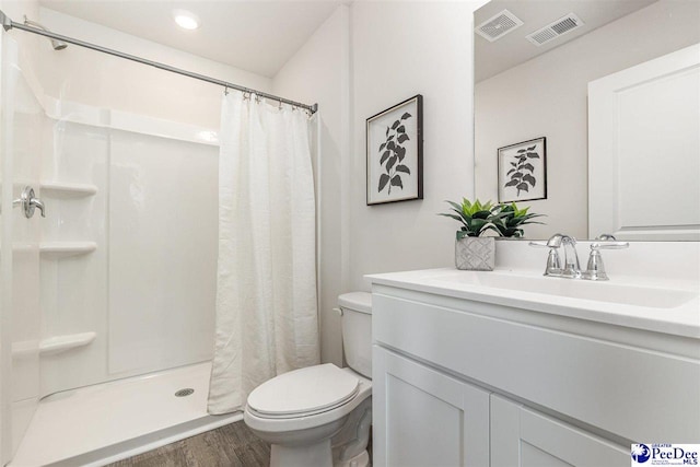 597 Strawberry Field Way, Galivants Ferry, SC 29544 - bathroom featuring wood finished floors, toilet, vanity, and a shower with shower curtain