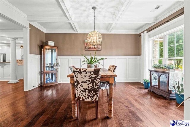 3106 Wainwright Ct, Florence, SC 29501 - dining room featuring coffered ceiling, a chandelier, hardwood / wood-style flooring, beamed ceiling, and a decorative wall