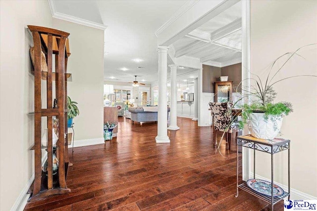3106 Wainwright Ct, Florence, SC 29501 - entryway featuring decorative columns, wood finished floors, a ceiling fan, crown molding, and beam ceiling