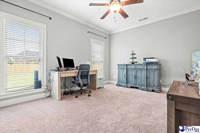 3106 Wainwright Ct, Florence, SC 29501 - carpeted home office featuring plenty of natural light, ceiling fan, crown molding, and baseboards