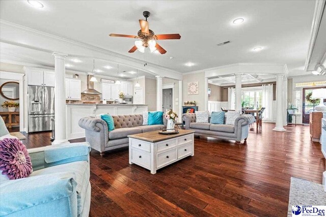 3106 Wainwright Ct, Florence, SC 29501 - living area featuring decorative columns, ornamental molding, a ceiling fan, dark wood-style flooring, and recessed lighting