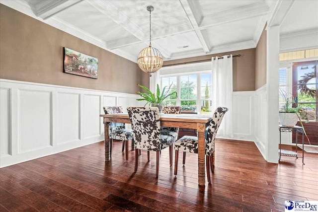 3106 Wainwright Ct, Florence, SC 29501 - dining room featuring a decorative wall, coffered ceiling, a chandelier, beamed ceiling, and wainscoting