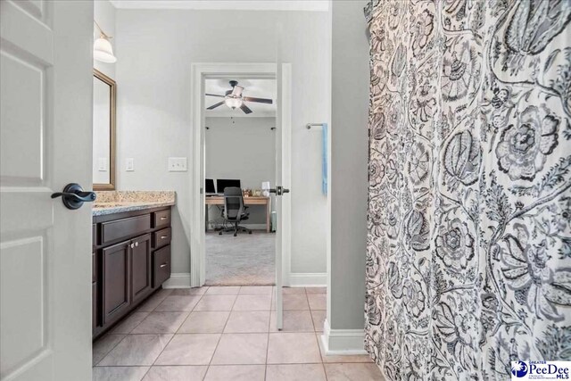 3106 Wainwright Ct, Florence, SC 29501 - full bath with vanity, ceiling fan, tile patterned flooring, a shower with curtain, and baseboards