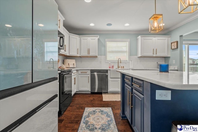 1200 Turtle Dove Dr, Effingham, SC 29541 - kitchen featuring black appliances, a sink, white cabinets, crown molding, and dark wood-type flooring