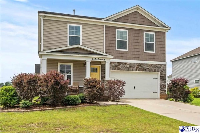 1200 Turtle Dove Dr, Effingham, SC 29541 - craftsman house with stone siding, a front yard, an attached garage, covered porch, and concrete driveway