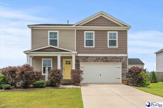 1200 Turtle Dove Dr, Effingham, SC 29541 - view of front of home featuring a front lawn, stone siding, concrete driveway, and a garage