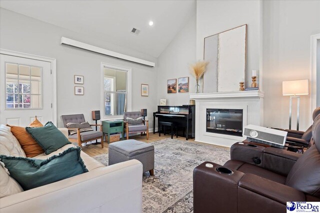 living room with a glass covered fireplace, wood finished floors, a healthy amount of sunlight, and visible vents
