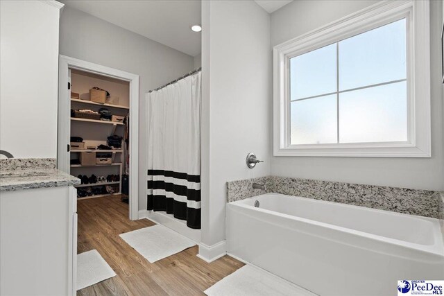 full bath with baseboards, a garden tub, wood finished floors, and a spacious closet