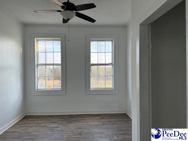 empty room featuring ceiling fan, crown molding, dark hardwood / wood-style floors, and a textured ceiling