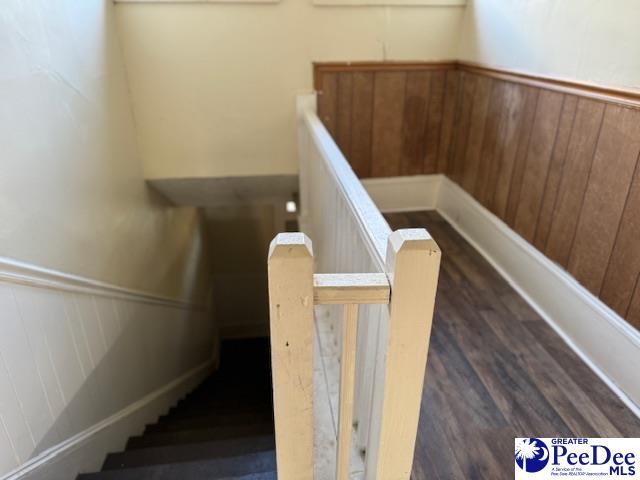 stairway featuring hardwood / wood-style floors and wood walls