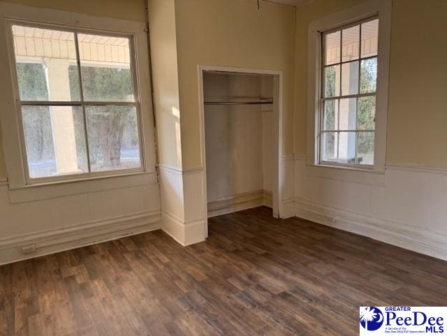 unfurnished bedroom featuring dark wood-type flooring and a closet