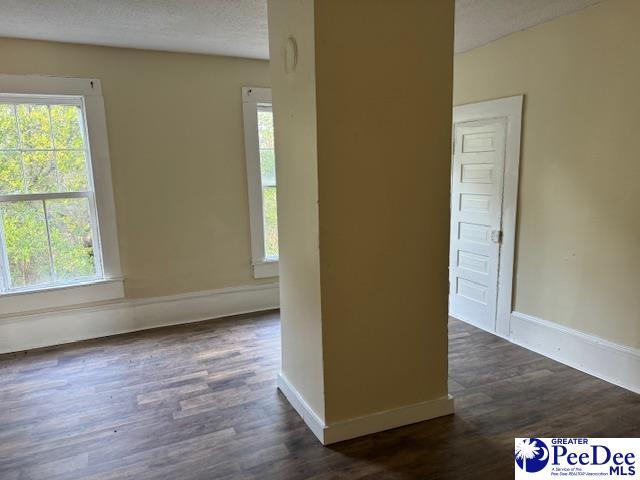 empty room with a healthy amount of sunlight, a textured ceiling, and dark hardwood / wood-style flooring