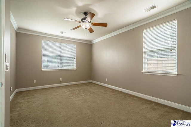 carpeted empty room with crown molding, ceiling fan, and a wealth of natural light