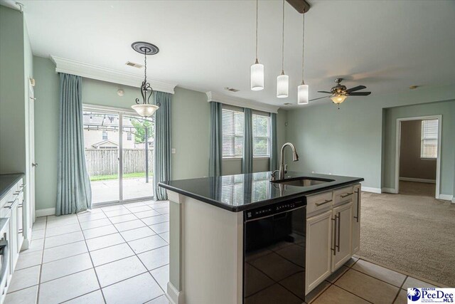 kitchen featuring sink, white cabinetry, black dishwasher, light colored carpet, and a kitchen island with sink