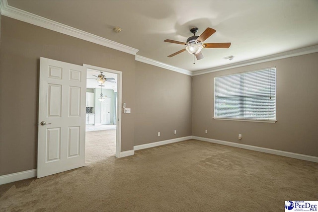 spare room with crown molding, ceiling fan, and carpet