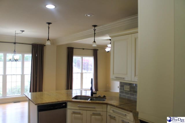 610 Garden Rose Ct, Greer, SC 29651 - kitchen featuring dishwasher, a peninsula, crown molding, plenty of natural light, and hanging light fixtures