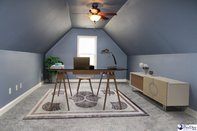 610 Garden Rose Ct, Greer, SC 29651 - carpeted home office with a ceiling fan and lofted ceiling