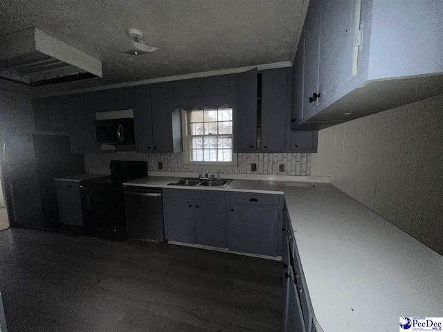 kitchen with sink, electric range, ornamental molding, dark hardwood / wood-style floors, and dishwasher